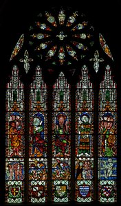The east window depicting the Last Judgement: Christ, Virgin Mary, St John Baptist (rose window - internal) by English School