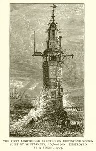 The First Lighthouse Erected on Eddystone Rocks. Built by Winstanley, 1696-1700, Destroyed by a Storm, 1703 by English School