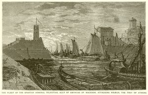 The Fleet of the Spartan Admiral Teleutias, Ally of Amyntas of Macedon, Attacking Piraeus, the Fort of Athens by English School