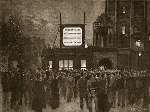The General Election of 1892: Announcing results at the National Liberal Club, illustration from Cassells Illustrated History of England by English School