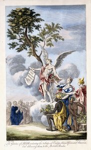 The Genius of Health receiving Europe, Asia, Africa and America and delivering them to the British Reader, 1756-1757 by English School