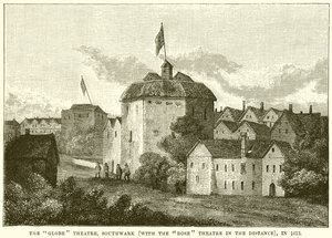 The Globe Theatre, Southwark (With the Rose Theatre in the Distance), in 1613 by English School