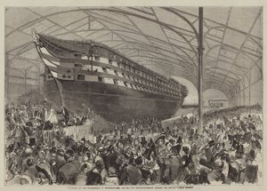 The Launch of the Marlborough at Portsmouth on 31 July, the Mastershipwright Handing the Bottle to Her Majesty