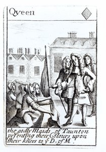 The Maids of Taunton Kneeling before the Duke of Monmouth, 18th June 1685, Queen of Diamonds Playing Card from a Set Commemorating Monmouth