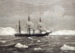 The North Pole Expedition: The Alert hoisting colours in honour of having attained the highest latitude of any ship on record, from 