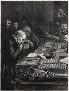 The Opening of Parliament, 31 January 1893, Mr William Ewart Gladstone, supported by Mr Marjoribanks and Mr H Gladstone, taking the Oath (Illustration for The Graphic) by English School