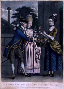 The Polite Maccaroni Presenting a Nosegay to Miss Blossom, pub. by Carington Bowles