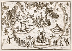 The Pond at Elvetham during Queen Elizabeths visit, from The Honourable Entertainment given to the Queens Majestie in Prgresse at Elvetham in Hampshire by the Right Honble the Earl of Hertford, 1591 by English School