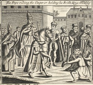 The Pope riding, the Emperor holding his bridle, Kings walking before him, illustration from Acts and Monuments by John Foxe, ninth edition, pub. 1684