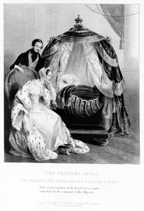 The Princess Royal, Her Majesty the Queen and HRH Prince Albert, with the royal cot
