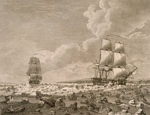 The Racehorse and Carcass forcing through the ice, August 10th 1773, from A Voyage Towards the North Pole Undertaken by His Majestys Command 1773, published London 1774