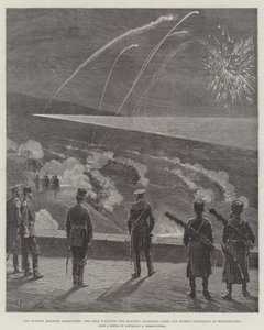 The Russian Military Manoeuvres, the Czar watching the Electric Searching Light and Rocket signalling at Krasnoe-Selo by English School