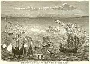 The Spanish Armada Attacked by the English Fleet by English School