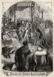 The Trial of Queen Catherine of Aragon in 1529, the first wife of Henry VIII, whose marriage to the King was annulled. Engraving from 