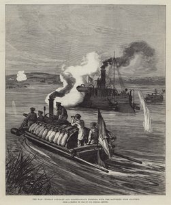The War, Russian Gun-Boat and Torpedo-Boats fighting with the Batteries near Silistria