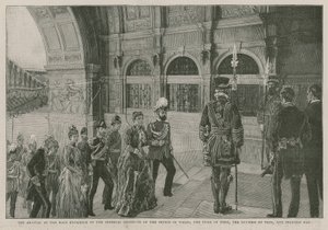 The arrival at the main entrance of the Imperial Institute of the Prince of Wales, the Duke of York, the Duchess of Teck, and Princess May by English School
