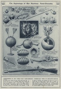 The beginnings of war machines, hand-grenades, forerunners of the Great War hand-grenade, former-day types explosive missiles by English School