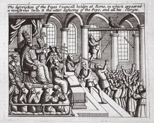The description of the Popes Council held at Rome, in which appeared a monstrous Owl, to the utter defacing of the Pope, and all his clergy, illustration from Acts and Monuments by John Foxe, ninth edition
