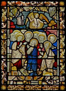 The east window depicting Apostles gathering for the Funeral of the Virgin Mary by English School