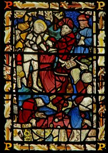 The east window depicting Christ disrobed for the Crucifixion; casting lots