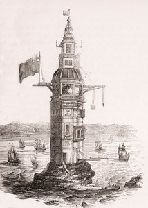 The first lighthouse erected on Eddystone Rocks, Plymouth, Devon, England by English School