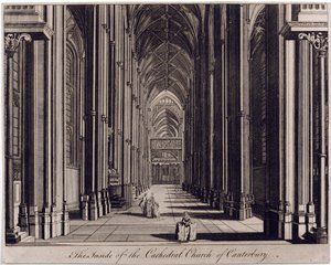The inside of the Cathedral Church of Canterbury, featuring view of nave, from west end, c.1700-43 by English School