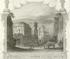 The rock cut Temple of Kailah, Ellora, India by English School
