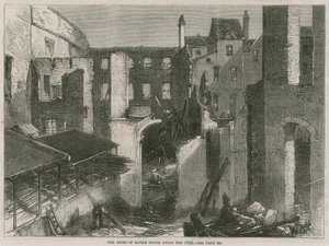 The ruins of Savile House, Leicester Square, London, after the fire by English School
