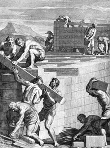 The walls of towns among the Gauls are built of alternative courses of Stones and Beams, engraved by Cornelis Huyberts, illustration to Caesars Commentaries translated into English by William Duncan