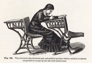 This cut shows the distorted and unhealthful position which a student is almost compelled... by English School