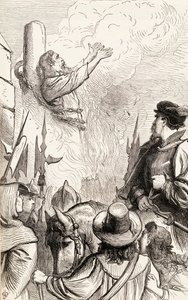 Thomas Hawkes burned at the stake during the Marian Persecutions, c.1865