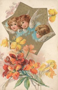 Three Cherubs in an Image Decorated with Flowers