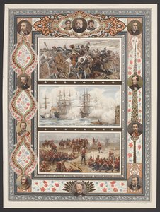 Three vignettes depicting naval and land battle scenes, including Relief of the Light Brigade