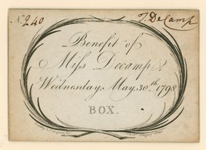 Ticket for Drury Lane Theatre, London: Benefit of Miss Decamp, 30 May 1798 by English School