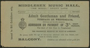Ticket for the Middlesex Music Hall, The Mogul, Drury Lane, London by English School