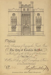 Ticket for the Laying of the First Stone of the City of London School, 21 October 1835