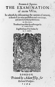 Title Page for The Examination of mens Wits by Juan Huarte, published 1594