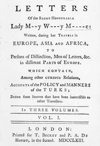 Titlepage to Letters of the Right Honourable Lady Mary Wortley Montagu, written during her travels in Europe, Asia and Africa, published in 1763