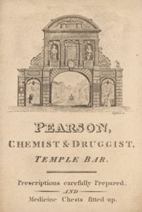 Trade card for Pearson, chemist and druggist, Temple Bar, London