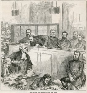 Trial of the Bank Forgers at the Old Bailey by English School