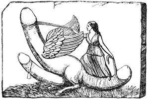 Triple phallus with wings, legs of a dog and a female figure dressed in the Roman stola holding reins, bas-relief sculpture from Nimes in France by English School