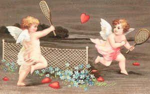 Two cherubs playing tennis with a heart for a ball by English School