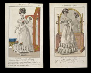 Two Fashion Plates of Ladies in Evening Dress, Advertisements from Modes de Paris