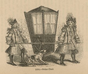 Two uniformed men carrying a Sedan Chair
