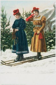 Two women on skis as they ski down a snowy landscape