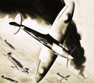 Unidentified Spitfire in Dogfight with German Fighters by English School