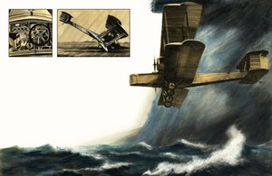 Unidentified Early Biplane Flying Over Stormy Seas