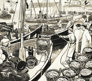 Unidentified fishing port with fish on quayside by English School