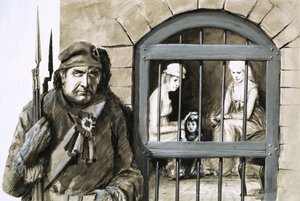 Unidentified prisoners in jail cell with guard in foreground