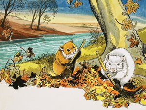 Unidentified scene of mice sweeping autumn leaves by English School